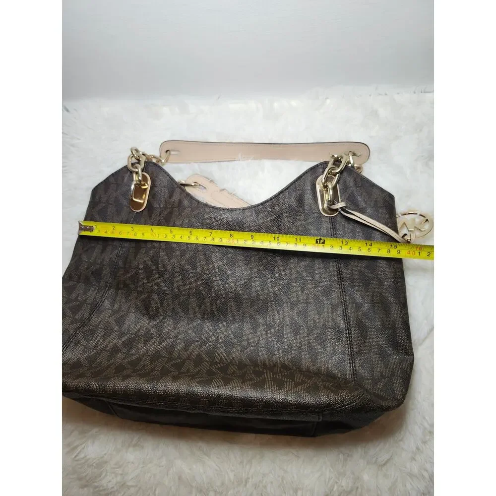 Michael Kors Hobo Tote Bag Brown Gold Classic Signature Monogram Chain